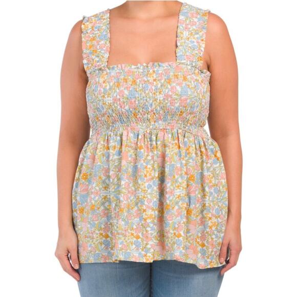 New Rachel Zoe Plus Lightweight Smocked Floral Print Wide Straps Tank Top - Picture 1 of 6